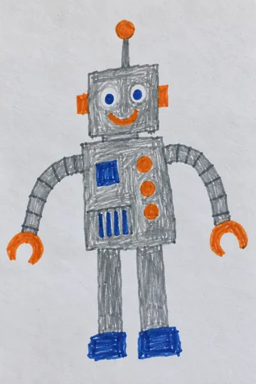 A child's drawing of a robot on paper