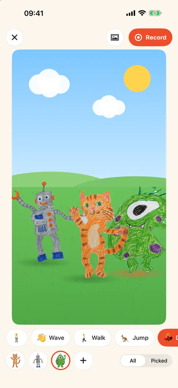 Levende on iPhone: the robot, a cat and a monster dancing on a garden stage